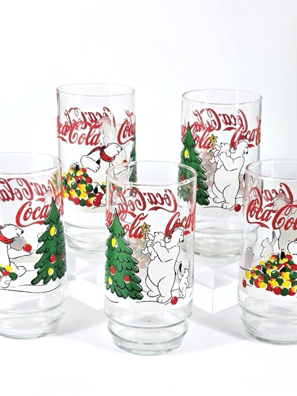 90s Indiana Glass Co. 5 Coca-Cola Christmas Polar Bears "Tree Trimming" Tumblers